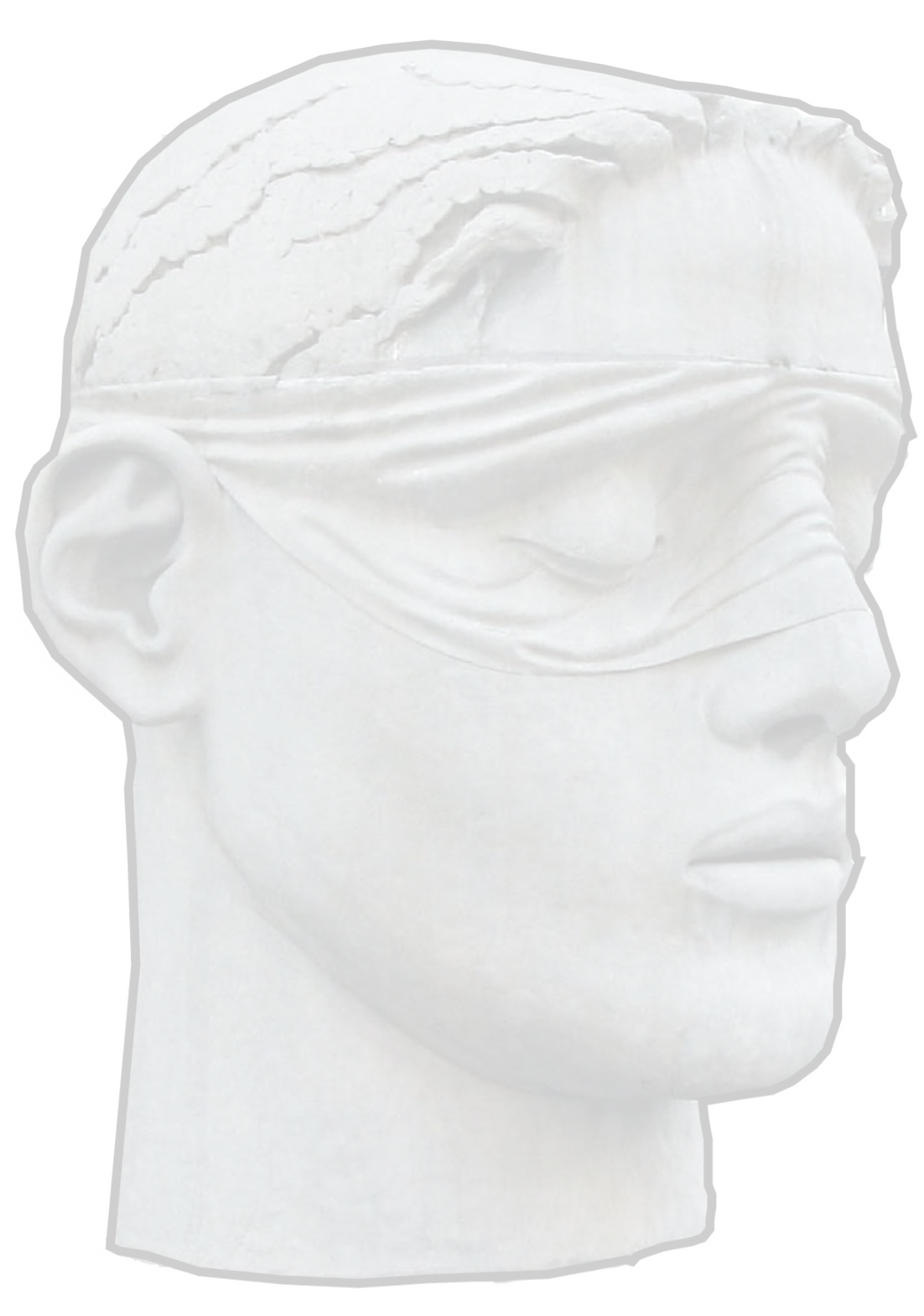 Image of Justice, blindfolded. She is purposely designed to have as neutral a face as possible. The image is a backdrop for the text.